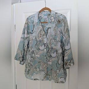 Chico's Linen Paisley Blouse, seafoam-ivory-taupe, Size 3.5 (18)